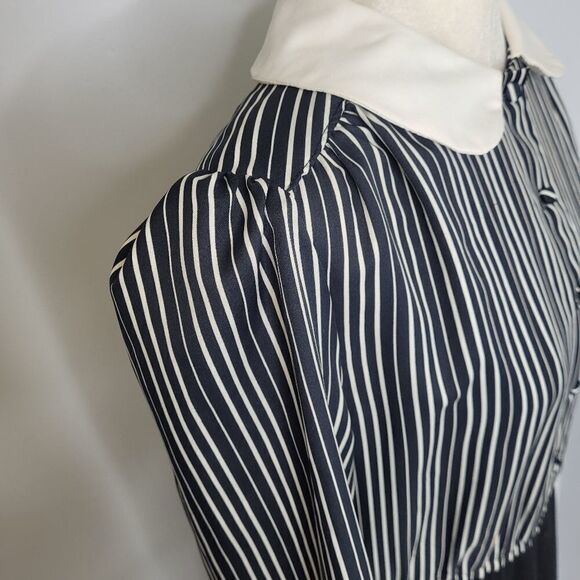 VINTAGE 80s dress collared striped black with pocket M - Picture 5 of 13